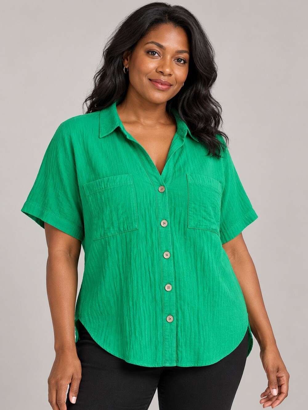 Relaxed Green Short-Sleeve Button-Down Shirt
